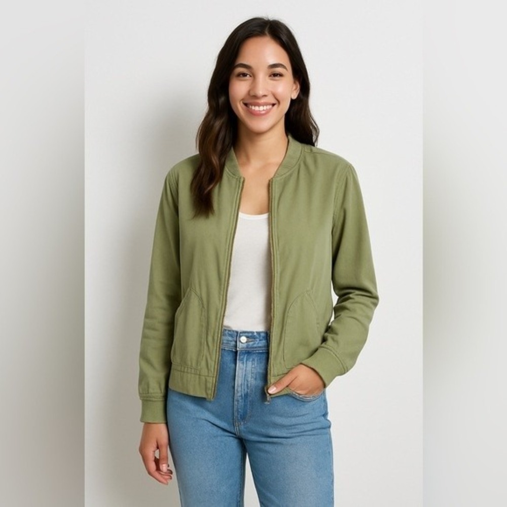 Kenneth Cole Reaction Olive Green 100% Tencel Bomber Jacket Womens Medium Zip Up